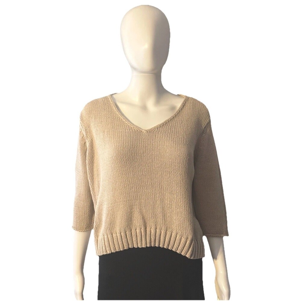 Wooden Ships Cotton Sweater Tan Autumn Knit V-Neck Cropped Minimalist SZ S? M?